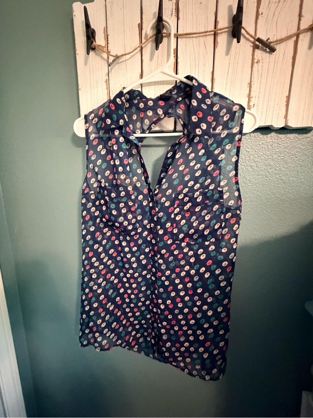 Sleeveless Navy Polka-Dot Button Front Top